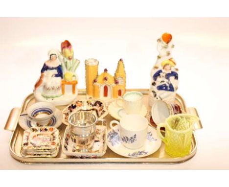 Masons Mandalay ashtray set, silver christening mug, Staffordshire spill vases, cabinet cups, saucers, etc