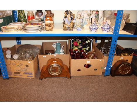Walnut and oak mantel clocks and four boxes of glassware, metalwares, china, barometer, etc