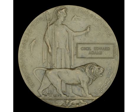 An unusual Great War Memorial Plaque to Lieutenant C. E. Adams, D.C.M., Royal Fusiliers, late Devonshire Regiment, who was ki