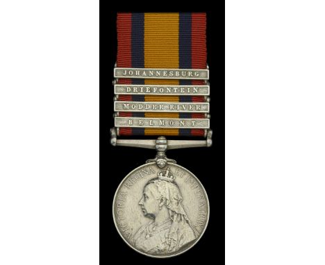 Queen’s South Africa 1899-1902, 4 clasps, Belmont, Modder River, Driefontein, Johannesburg (1370 Pte. A. Holcombe, Cldstm: Gd