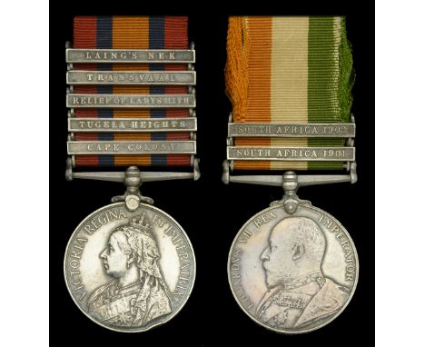 Pair: Private G. Morgan, King’s Royal Rifle Corps  Queen’s South Africa 1899-1902, 5 clasps, Cape Colony, Tugela Heights, Rel