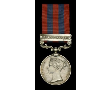 India General Service 1854-95, 1 clasp, Burma 1889-92 (... Pte. J. Milbank, 1st. Bn. D.C.L. ...) edge bruising and contact ma