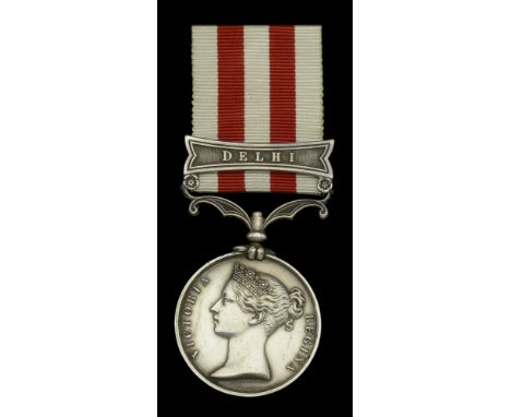 Indian Mutiny 1857-59, 1 clasp, Delhi (Cr. Serjt. Wm. Thomas. 2nd. Eurn. Bengal Fusrs.) light traces of brooch mounting to re