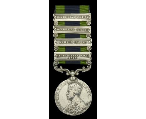India General Service 1908-35, 4 clasps, Afghanistan N.W.F. 1919, Mahsud 1919-20, Waziristan 1919-21, Waziristan 1921-24 (960