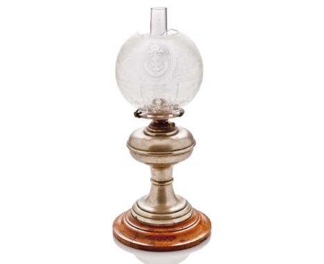 A RARE AUSTRIAN LLOYD LINE OIL LAMP, CIRCA 1900, the etched glass shade with apposing company crests inscribed VORWAERTS! mou