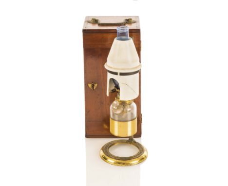 A MICROSCOPE OIL LAMP BY WATSON & SON, LONDON, CIRCA 1900, constructed in lacquered brass and signed around the foot as per t