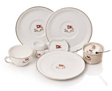 A GROUP OF WHITE STAR LINE PORCELAIN, comprising three soup tureen saucers, a twin-handled chocolate cup, a condiment pot and