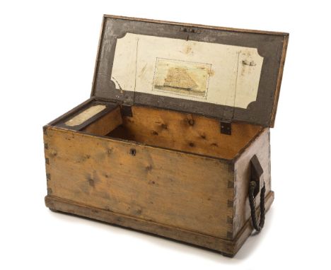 A 19TH-CENTURY SEAMAN'S CHEST, constructed in yellow pine, the lid painted inside with depiction of a trading ship under full