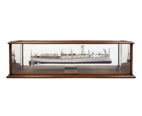AN ATTRACTIVE MIRROR-BACKED BUILDER'S MODEL FOR THE RAM-BOWED 20-KNOT STEAM YACHT SCUD, BUILT FOR A.H.E. WOOD, ESQ. BY JOHN S