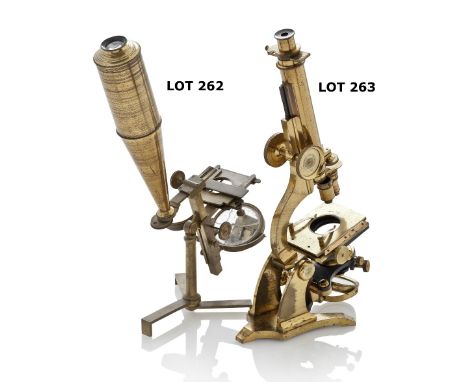 A JONES-TYPE MONOCULAR MICROSCOPE, CIRCA 1830, unsigned, tapering barrel threaded to folding rack and pinion support with rot