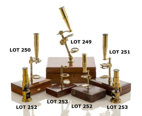 A 19TH-CENTURY SIMPLE MICROSCOPE, unsigned, threaded column with platform mirror, contained in fitted case with accessories i