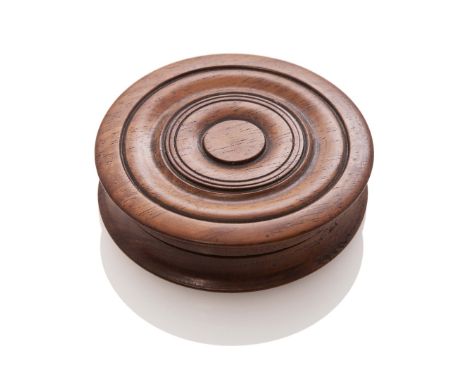 A TURNED TREEN SNUFF BOX MADE FROM SAN JOSEF TIMBER, 19TH-CENTURY, the lid with manuscript paper label reading A Piece Of The