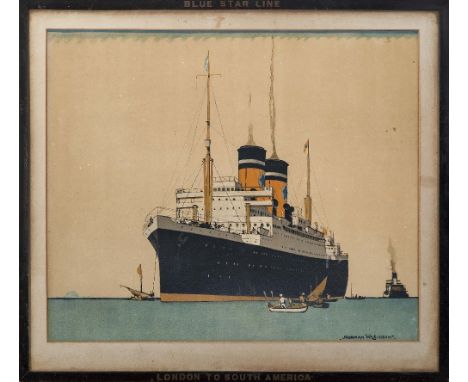 NORMAN WILKINSON: A TRAVEL AGENT'S POSTER FOR THE BLUE STAR LINE, depicting a liner at anchor with local craft attending, sig