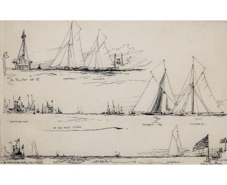 CHARLES DIXON (BRITISH, 1872-1934), The 1901 America's Cup; a set of three pen and ink drawings comprising 'The Start', 'At t