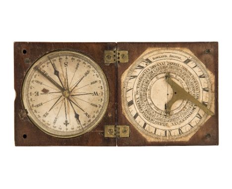 A WOOD AND PAPER POCKET SUNDIAL BY ROWLAND, BRISTOL, PROBABLY EARLY 19TH-CENTURY, the lid with compass rose signed as per tit
