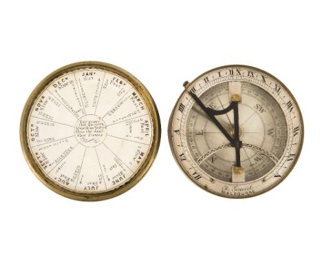 A RARE POCKET SUNDIAL BY T. GAUNT, MELBOURNE, CIRCA 1890, paper compass rose with steel needle and clamp, silvered chapter ri