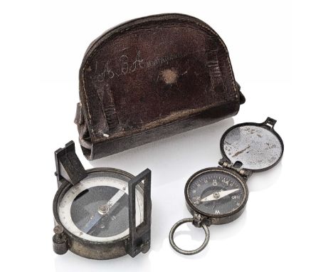 AN EARLY 20TH-CENTURY SIGHTING COMPASS, unsigned, the aluminium compass ring stamped in reverse, half blued steel needle with