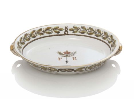 A RARE ROYAL YACHT SERVING PLATTER OFF THE PRINCE REGENT'S YACHT,  CIRCA 1817, a large oval creamware serving platter by Spod