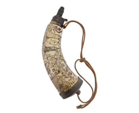 A SCRIMSHAW DECORATED HORN POWDER FLASK, ENGLISH 18/19TH-CENTURY, incised overall with charming naïve depictions of named bea