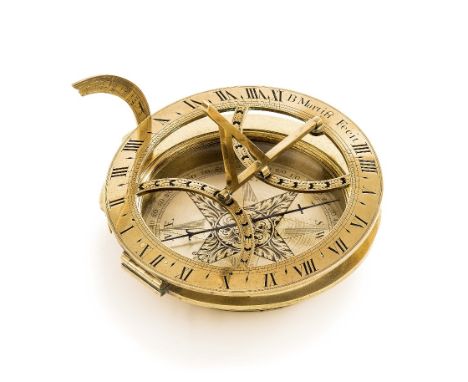 AN 18TH-CENTURY COMPASS SUNDIAL BY BENJAMIN MARTIN, LONDON, the 3¼in. silvered dial with finely engraved compass rose, blued 
