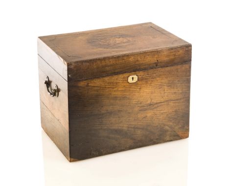 A ROYAL GEORGE OAK DECANTER BOX, 19TH-CENTURY, the lid with copper stringing to edge and cartouche inscribed Relic of H.M.S. 