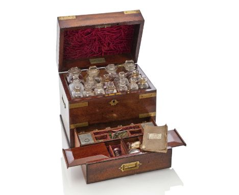 A FINE DOMESTIC MEDICINE CHEST BY COX, LONDON, CIRCA 1830, with full set of graduated glass stoppered bottles contained in fi