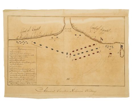 AN INTERESTING NEAR CONTEMPORARY MANUSCRIPT AND WATERCOLOUR CHART OF THE BATTLE OF THE NILE, unsigned, on laid paper watermar