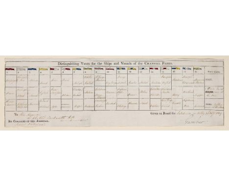 NAVAL SIGNAL TABLE: 'Distinguishing Vanes for the Ships and Vessels of the Channel Fleet', 1809, Original printed and manuscr