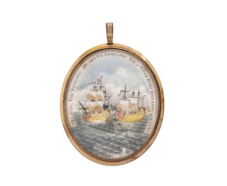 Ø AN EARLY 19TH-CENTURY COMMEMORATIVE NELSON/TRAFALGAR LOCKET, painted on ivory and depicting two first rates in action inscr