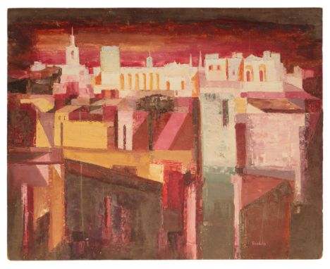 *SUSHILA SINGH (1904-1999) 'Avignon' signed lower right, oil on board, 61cm x 76cm; together with four similar stylised towns