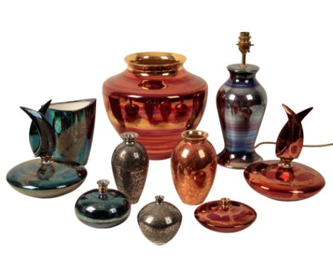 ATKINSON-JONES: A COLLECTION OF LUSTRE GLAZED CERAMICS including jars, vases, a lamp, scent flasks and other assorted items (