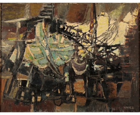 *TADEUSZ ZNICZ-MUSZYNSKI (1921-1988) 'Forms Against Light' abstract composition, signed lower right, oil on board, 71cm x 92c