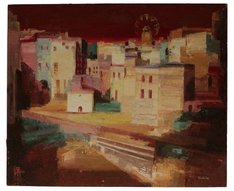 *SUSHILA SINGH (1904-1999) 'Street in Mykonos' signed lower right, oil on board, 76cm x 92cm; together with a similar stylise