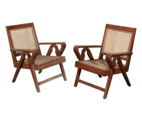 PIERRE JEANNERET (1896-1967) FOR CHANDIGARH: A PAIR OF TEAK ARMCHAIRS PJ-010705 Solid teak and braided canework armchairs, th