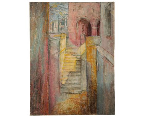 *SUSHILA SINGH (1904-1999) Stylised street scene with steps oil on canvas laid on board, 84cm x 63cm; together with a view of