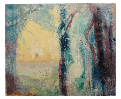 *SUSHILA SINGH (1904-1999) 'Dawn in a Forest' abstract landscape, signed lower left, mixed media on board, 64cm x 76cm; toget