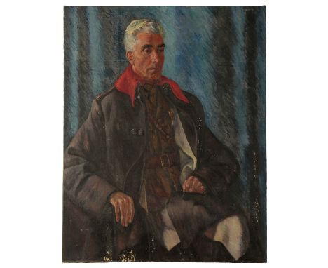 *ARTHUR HENRY ANDREWS (1906-1966) A portrait of an Officer depicted three-quarter length, seated before a blue curtain, weari
