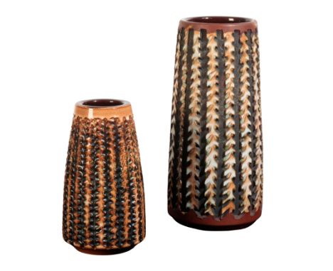 GUY SYDENHAM (1916-2005) FOR POOLE POTTERY: TWO 'ATLANTIS' VASES each with impressed and incised marks to base, 20.5cm high a