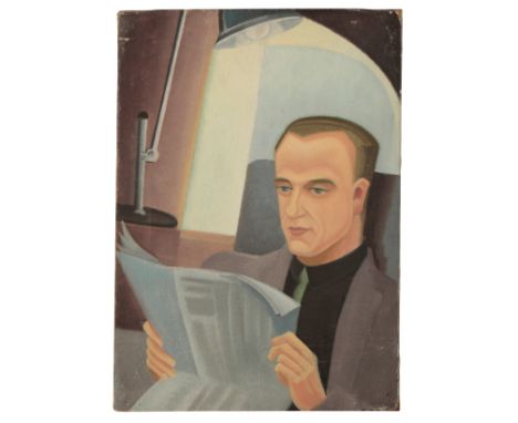 *ARTHUR HENRY ANDREWS (1906-1966) Stylised portrait of a man reading a newspaper under the light of an anglepoise lamp in an 
