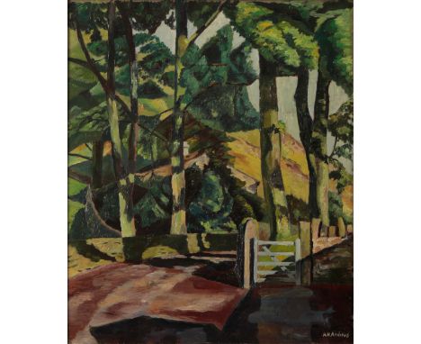 *ARTHUR HENRY ANDREWS (1906-1966) Stylised landscape with trees signed lower right, oil on board, 42cm x 35cmProvenance: The 