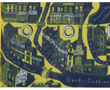 *GRAYSON PERRY (B. 1960), 'Gentrification cloth' 15cm x 19cm, framed and glazed, 26cm x 35cm overall