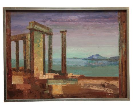 *SUSHILA SINGH (1904-1999) 'Cape Sounion' A view of the Temple of Poseidon, signed lower right, oil on board, 50cm x 68cm; to