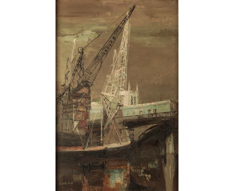 *SUSHILA SINGH (1904-1999) 'Southwark' London scene with cranes, signed lower left, oil on board, 76cm x 49.5cmProvenance: Th