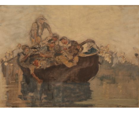 *FRANK BRANGWYN (1867-1956) 'The Water Boat Man' figures in a small boat, some playing the guitar, monogrammed and dated 1906