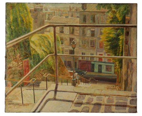 *ARTHUR HENRY ANDREWS (1906-1966) 'Montmartre' Parisian street scene from the top of some steps, signed lower right, oil on c