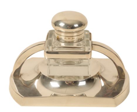A DANISH DESIGN SILVER PLATED INKWELL with V.T.A. marks, 21cm wideProvenance: The Keith Walton collection.