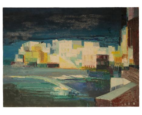 *SUSHILA SINGH (1904-1999) A stylised townscape with whitewashed buildings signed lower right, oil on board, 56cm x 76cm; tog