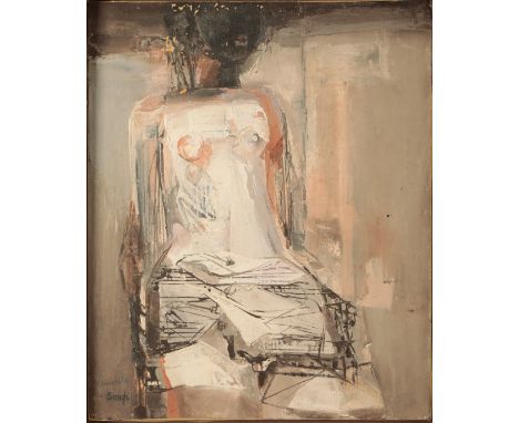 *SUSHILA SINGH (1904-1999) 'Girl in Shade' stylised portrait study, signed lower right, oil on canvas, 56cm x 46cmProvenance: