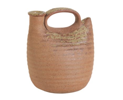 *JOHN LEACH (1939-2021) FOR MUCHELNEY POTTERY: A STONEWARE FLAGON of sack form, the ribbed body with restrained splashes of g