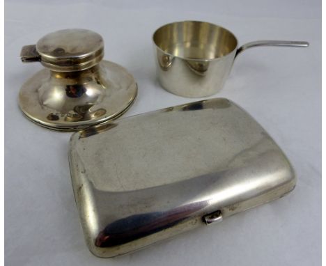 Chinese silver export silver cigarette case Luem Wo mark; small weighted inkwell 1911 and a white metal miniature pan marked 